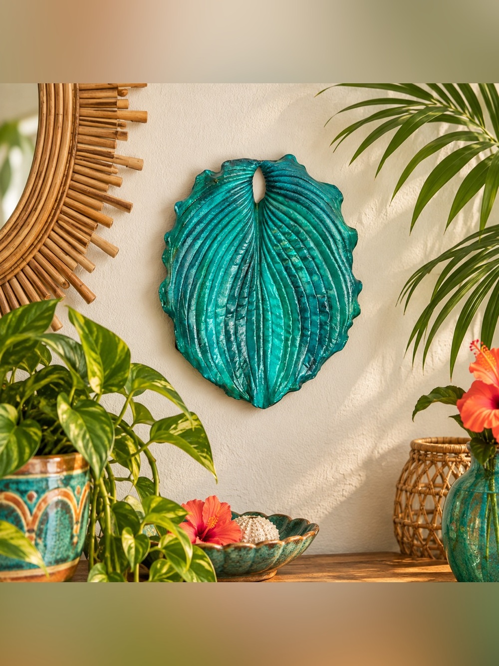 Vintage Hosta Leaf Tropical Style Botanical Painted Plant Cement Sculpture Art